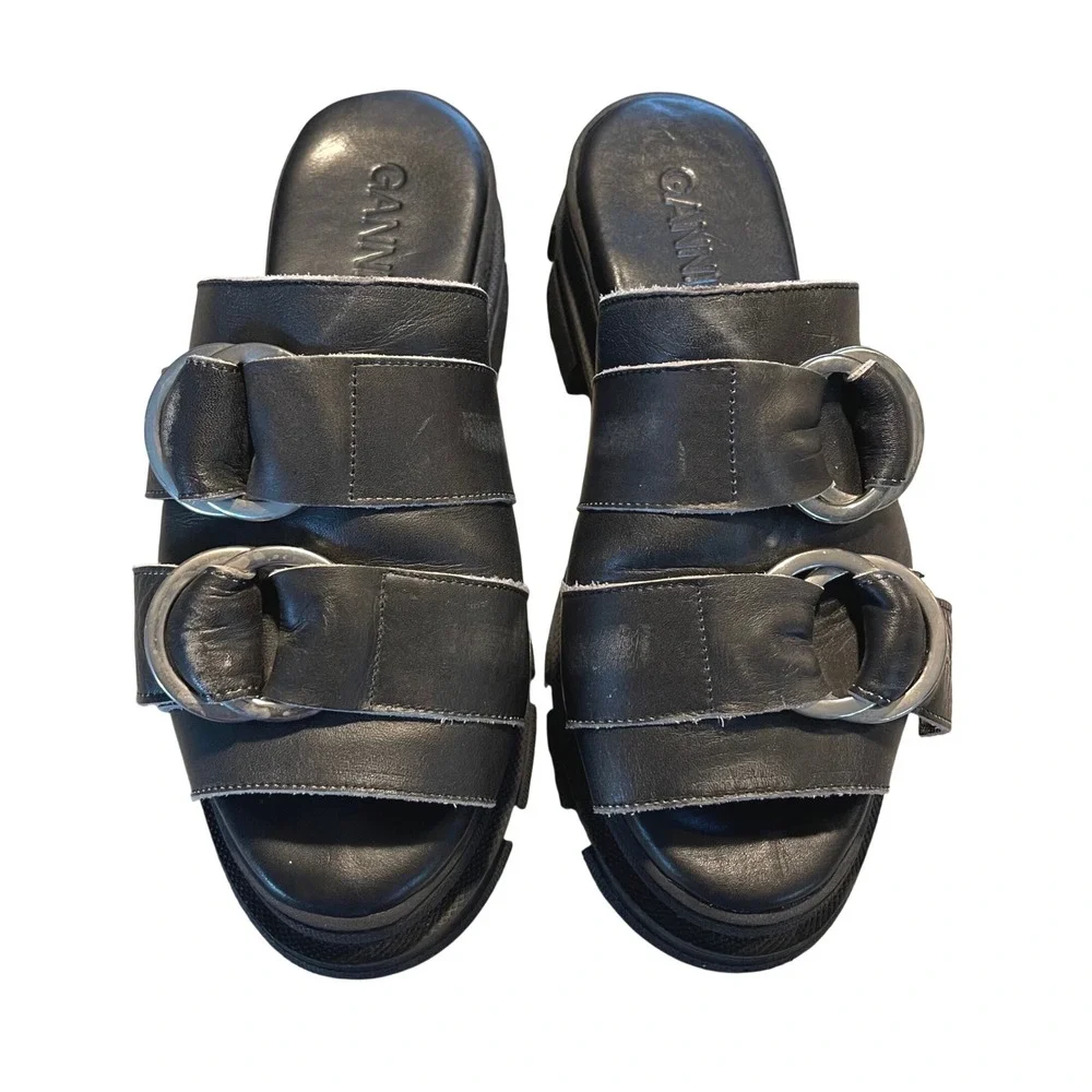 Ganni Platform Slide Sandals Womens 41 Black Leather Lug Sole Chunky Buckle Edgy